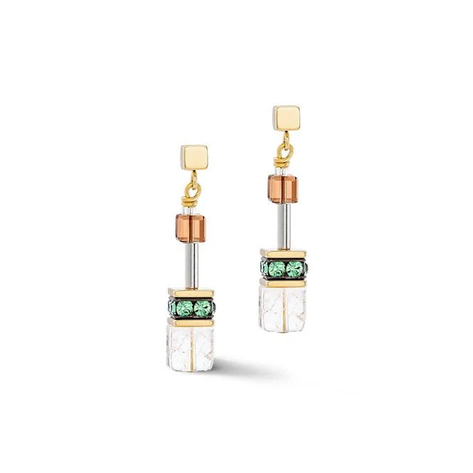 GeoCUBE Iconic Nature Earrings in Gold with Olive & Brown