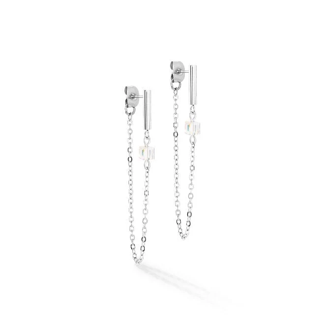 Mini Cubes & Chain Earrings in Silver & White