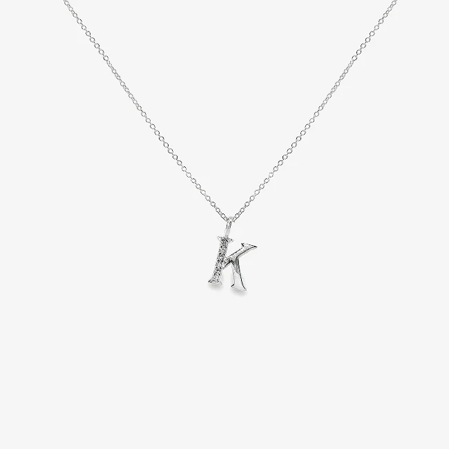 Letter K Silver & CZ Initial Pendant Necklace, 40-45cm