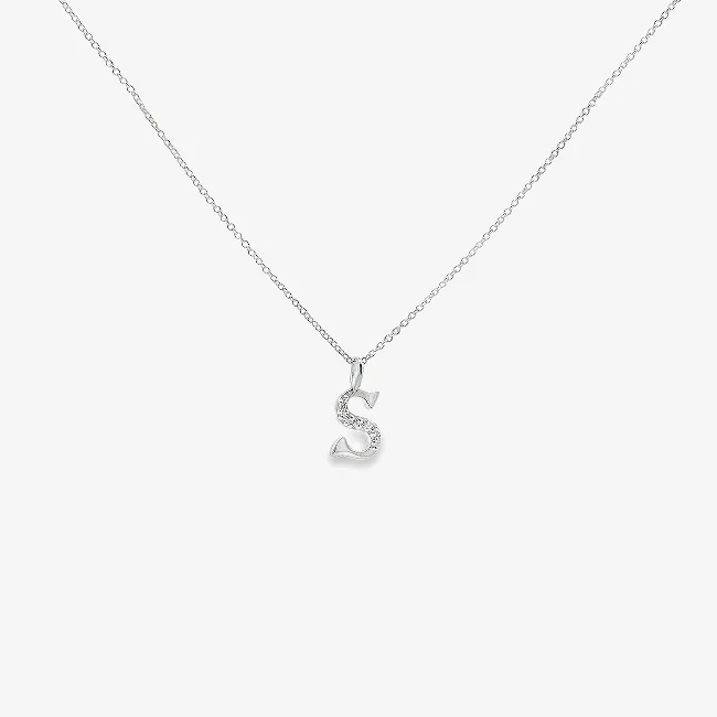 Letter S Silver & CZ Initial Pendant Necklace, 40-45cm