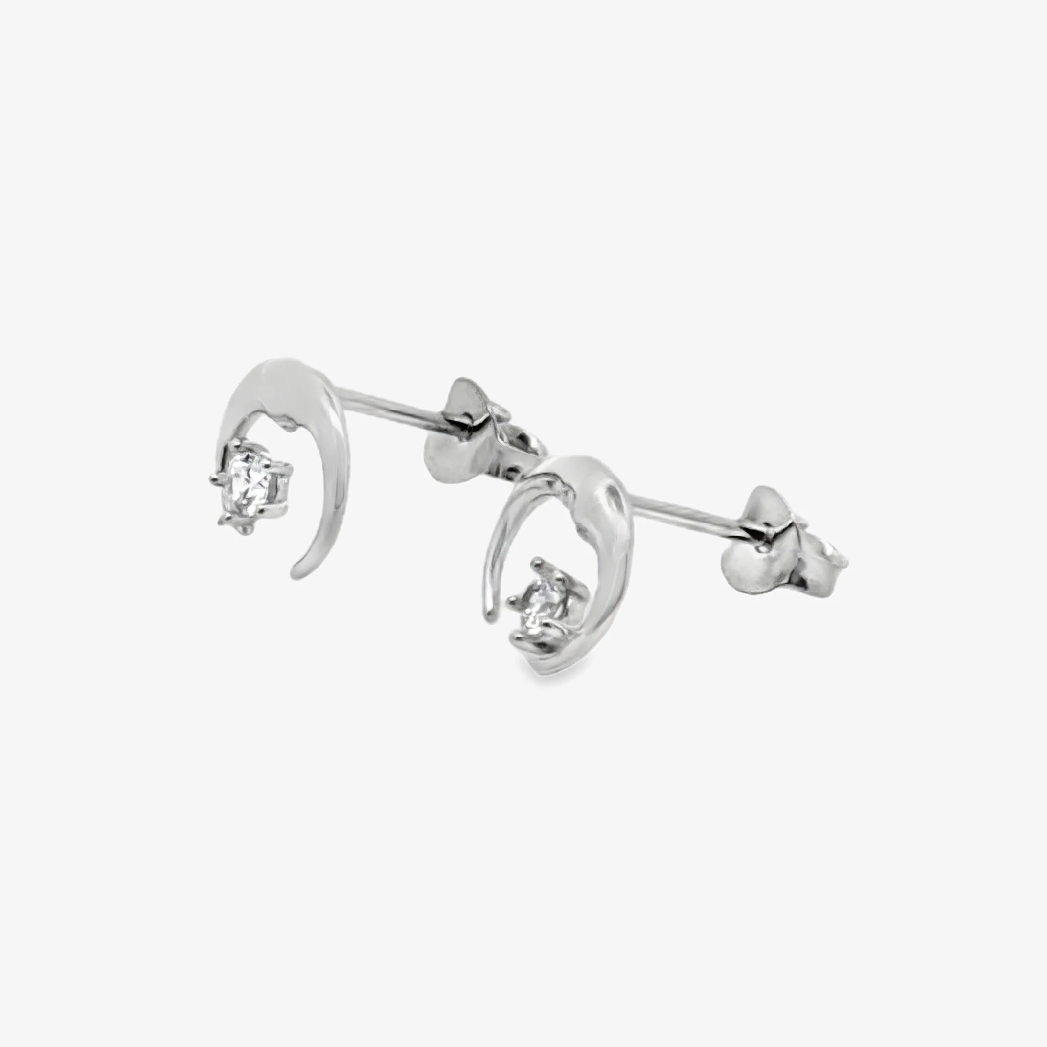Silver & CZ Crescent Moon Stud Earrings