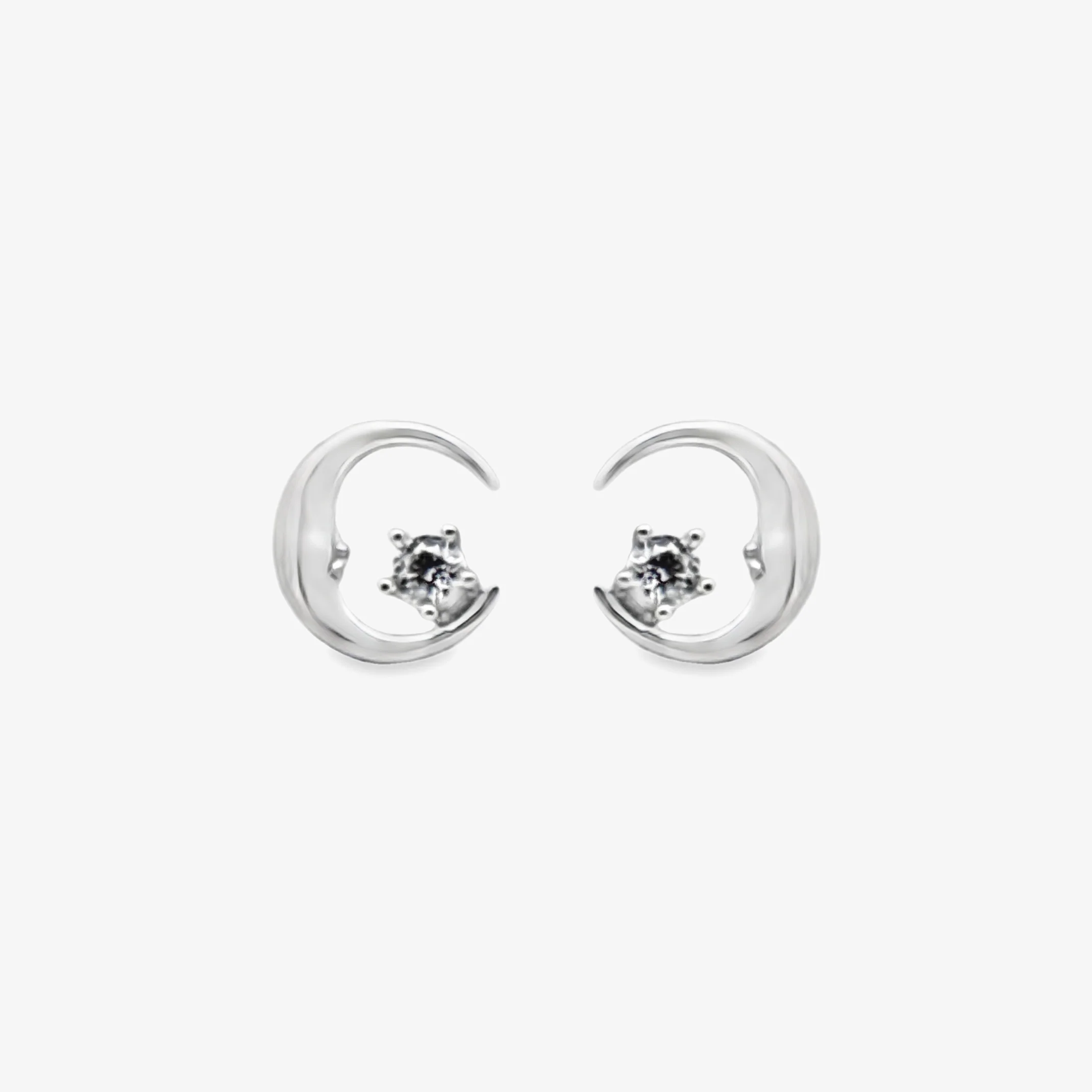Silver & CZ Crescent Moon Stud Earrings - Image 2