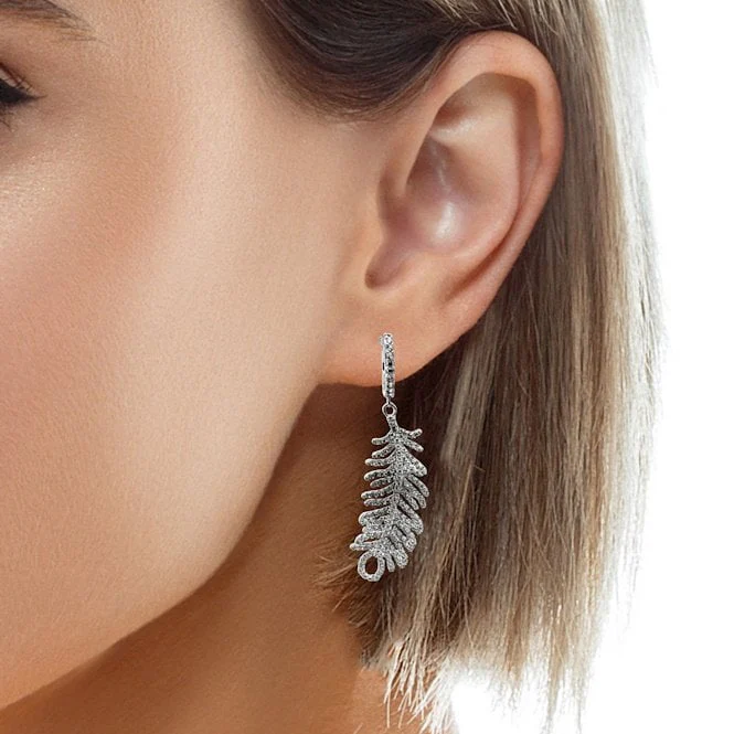 Silver & CZ Pave Feather Drop Earrings - Image 2