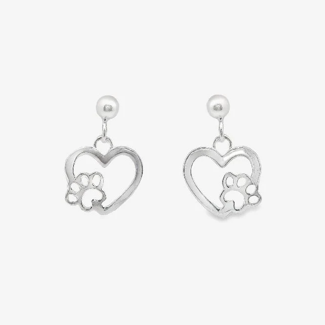 Silver Paw Print Heart Drop Earrings