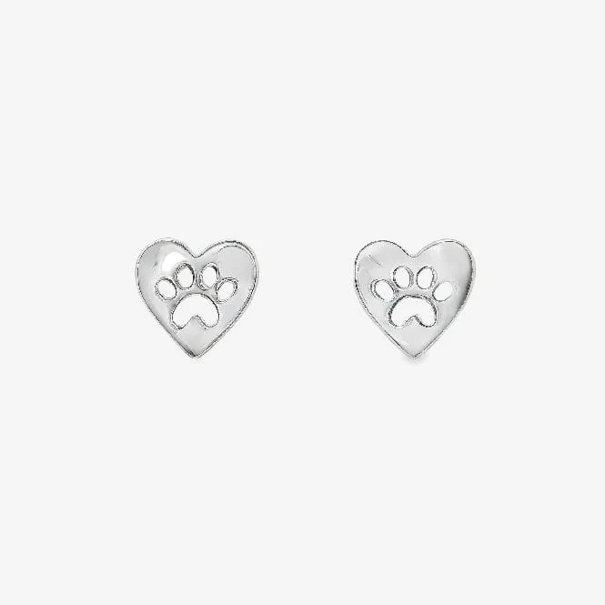 Silver Paw Print Heart Stud Earrings