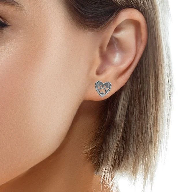 Silver Paw Print Heart Stud Earrings - Image 2