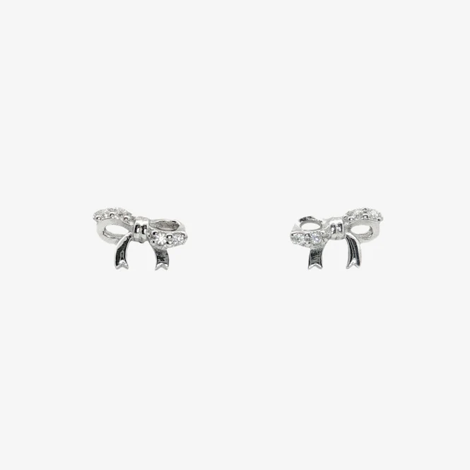 Silver Small Patterned Bow Stud Earrings - Image 2
