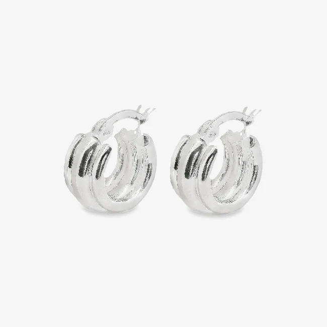 Silver Triple Band Hoop Earrings, 12mm Small - Image 2