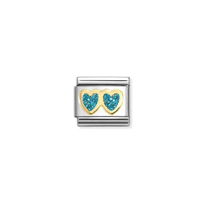 Classic Gold and Enamel Glitter Double Heart Light Blue Love & Hearts Charms