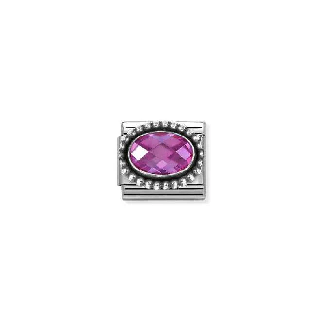 Classic Oxidised Silver and CZ Facetted Rich Fuchsia Beaded Oval Sparkly & Stones Charms