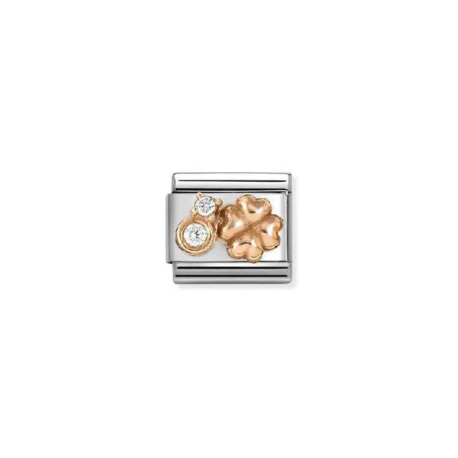 Classic Rose Gold and CZ White Rounded Four-Leaf Clover Flowers & Nature Charms