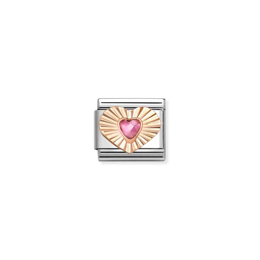 Classic Rose Gold Diamond-Etched Heart with Pink CZ Sparkly & Stones Charms