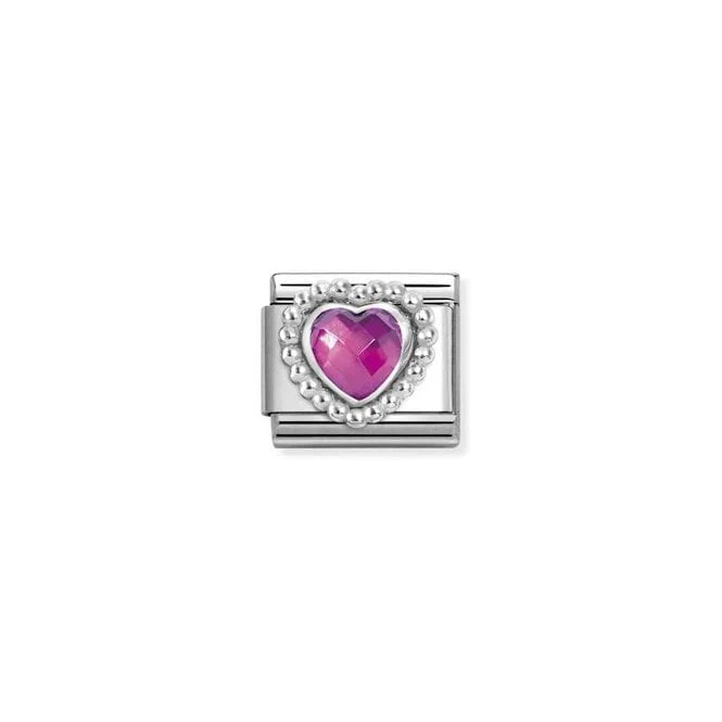Classic Silver and CZ Fuchsia Pink Facetted Dotted Heart Sparkly & Stones Charms