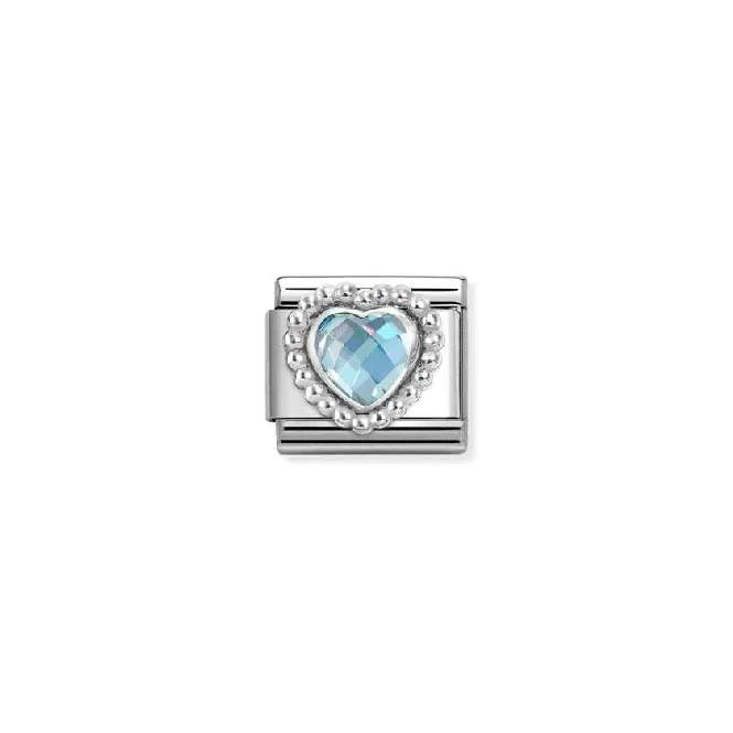 Classic Silver and CZ Light Blue Facetted Dotted Heart Sparkly & Stones Charms