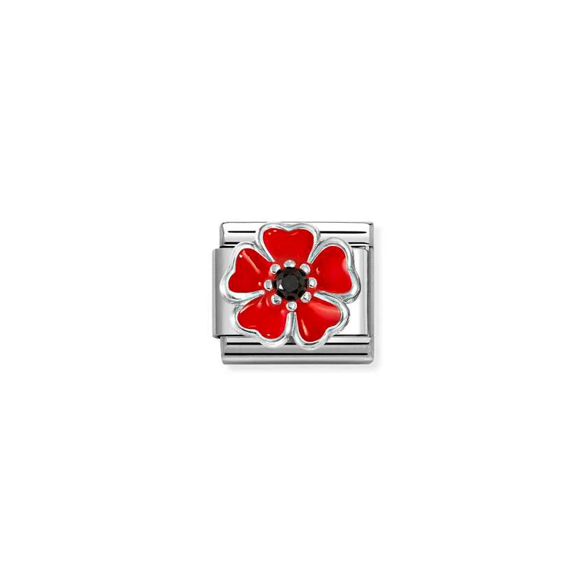 Classic Silver CZ and Enamel Red & Black Shaded Blossom Flowers & Nature Charms