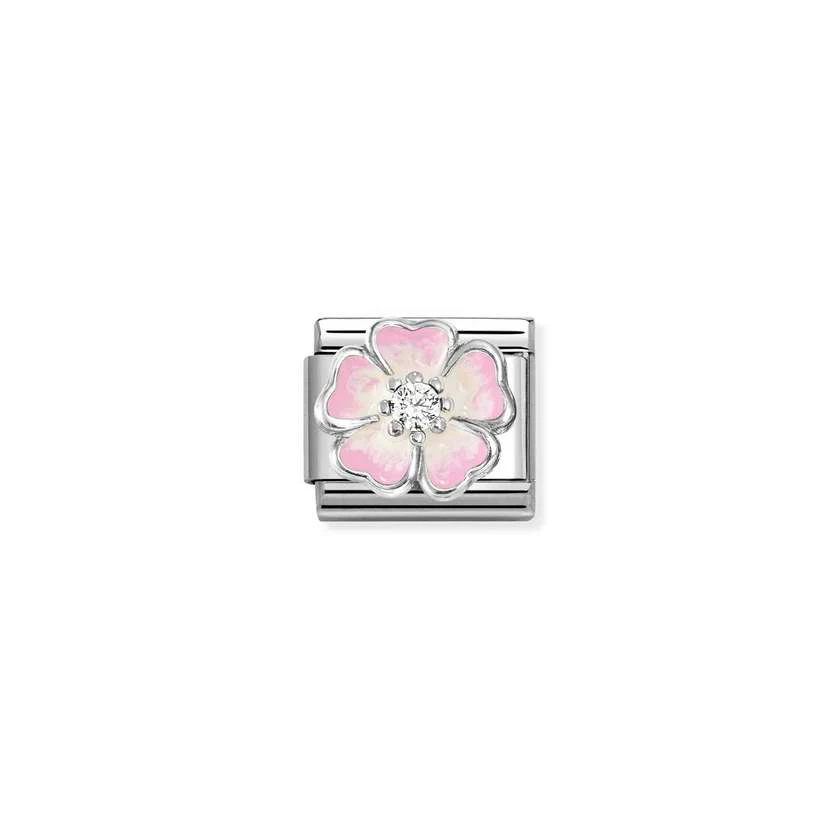 Classic Silver CZ and Enamel White & Pink Shaded Blossom Flowers & Nature Charms