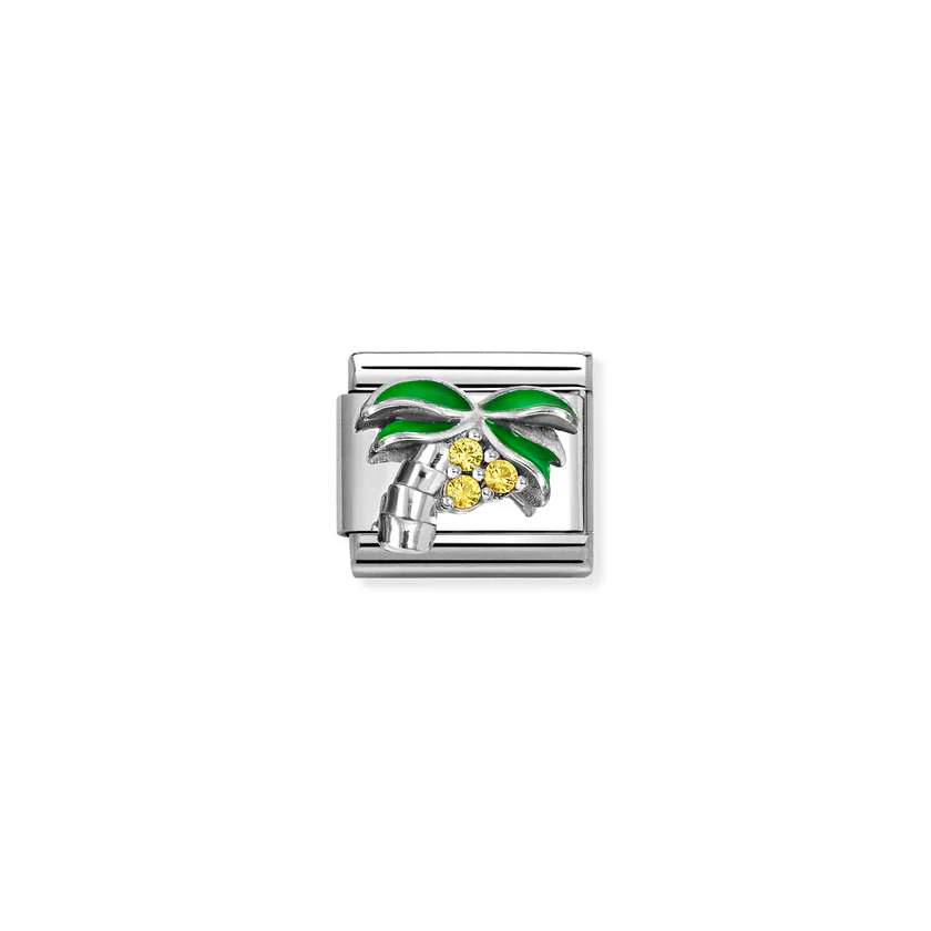 Classic Silver CZ and Enamel Yellow & Green Palm Tree Travel & Flag Charms