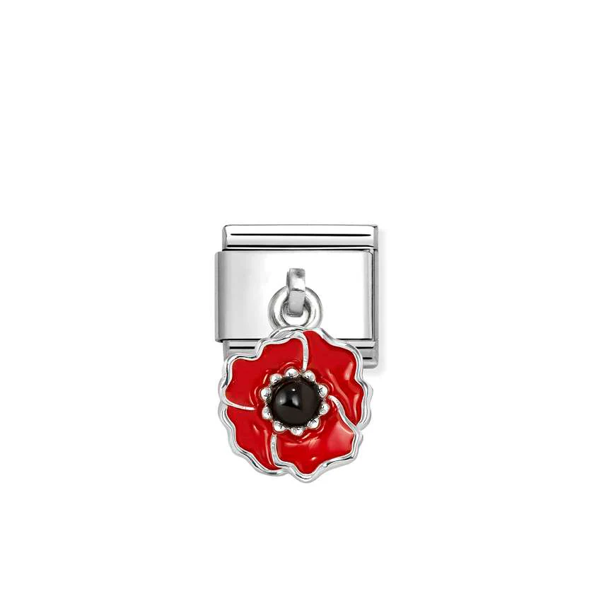 Classic Silver and Enamel Red & Black Poppy Flowers & Nature Pendant Charms