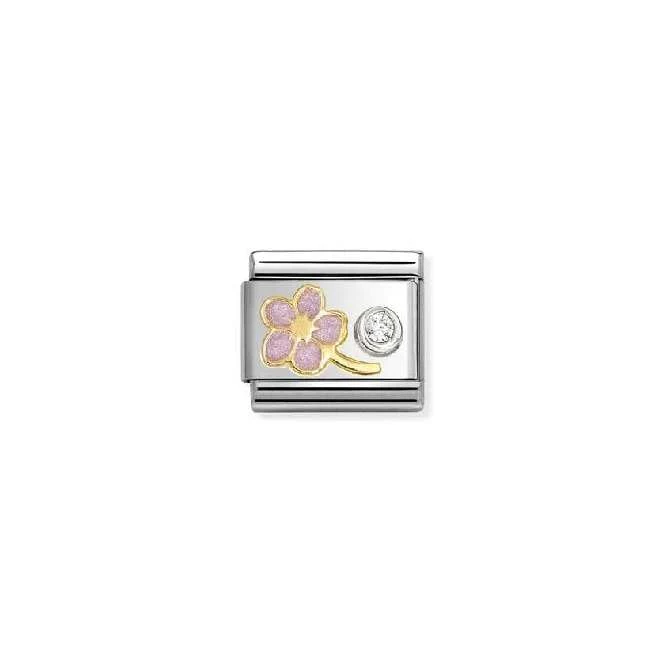 Classic Two-Tone Gold, Silver and Enamel Myosotis Pink with White CZ Flowers & Nature Charms