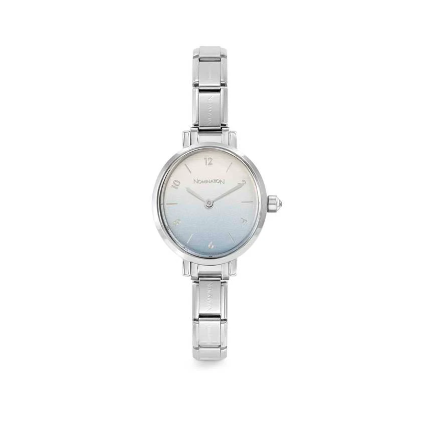 Time Paris Oval Light Blue Dial & Silver Charm Bracelet Watch with CZ