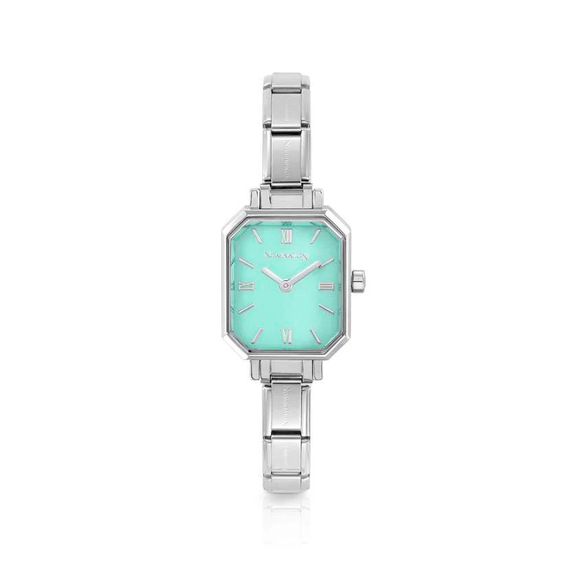 Time Paris Rectangle Green Water Dial & Silver Charm Bracelet Watch