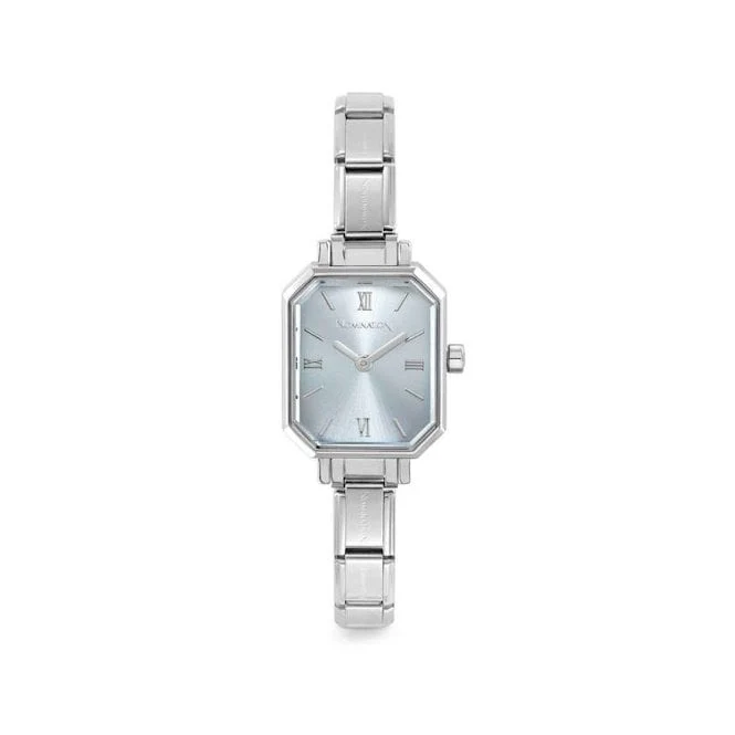 Time Paris Rectangle Light Blue Dial & Silver Charm Bracelet Watch