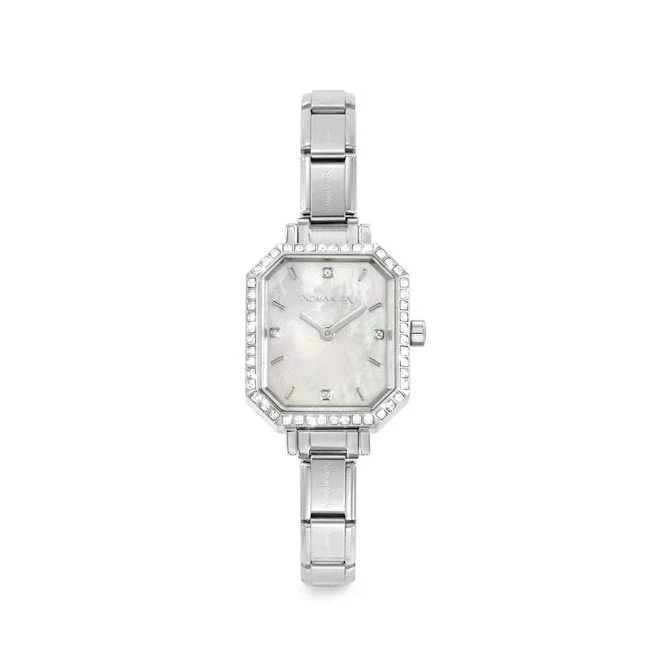 Time Paris Rectangle Mother of Pearl Dial & Silver Charm Bracelet Watch with CZ