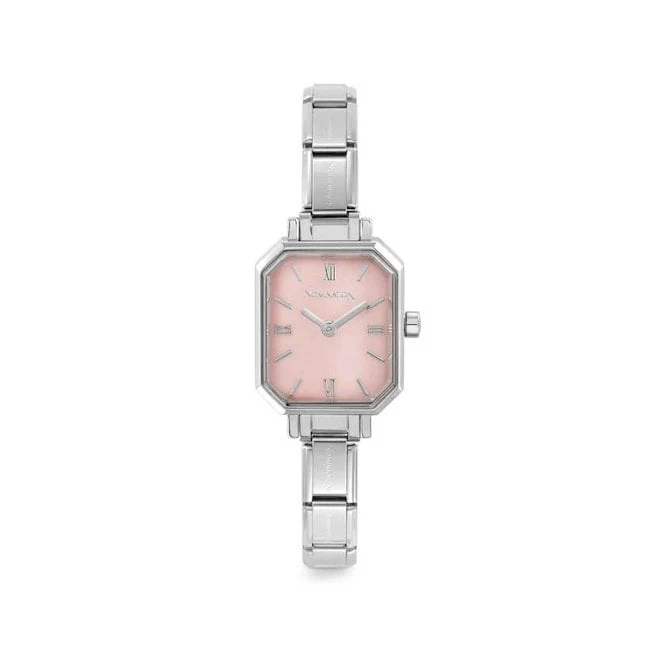 Time Paris Rectangle Pastel Pink Dial & Silver Charm Bracelet Watch