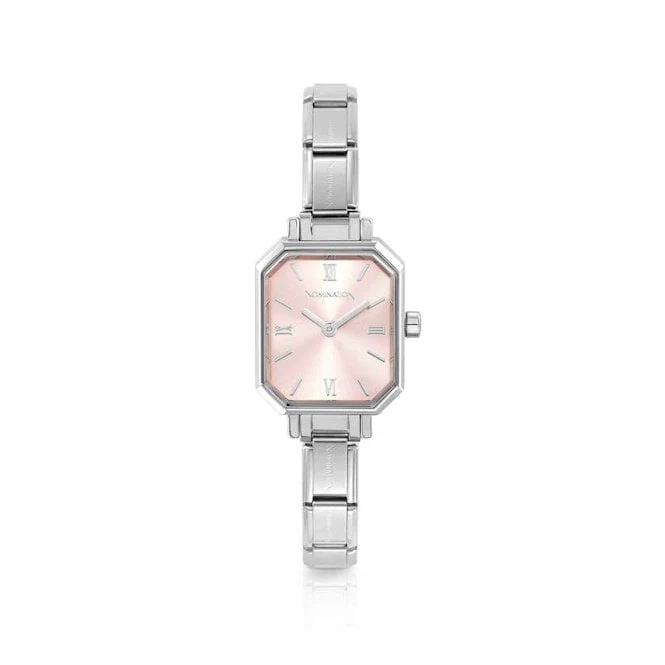 Time Paris Rectangle Pink Dial & Silver Charm Bracelet Watch