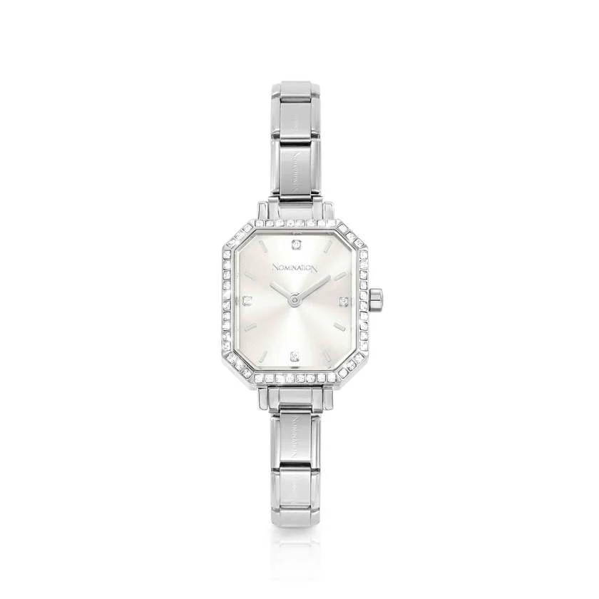 Time Paris Rectangle Silver Dial & Silver Charm Bracelet Watch with CZ