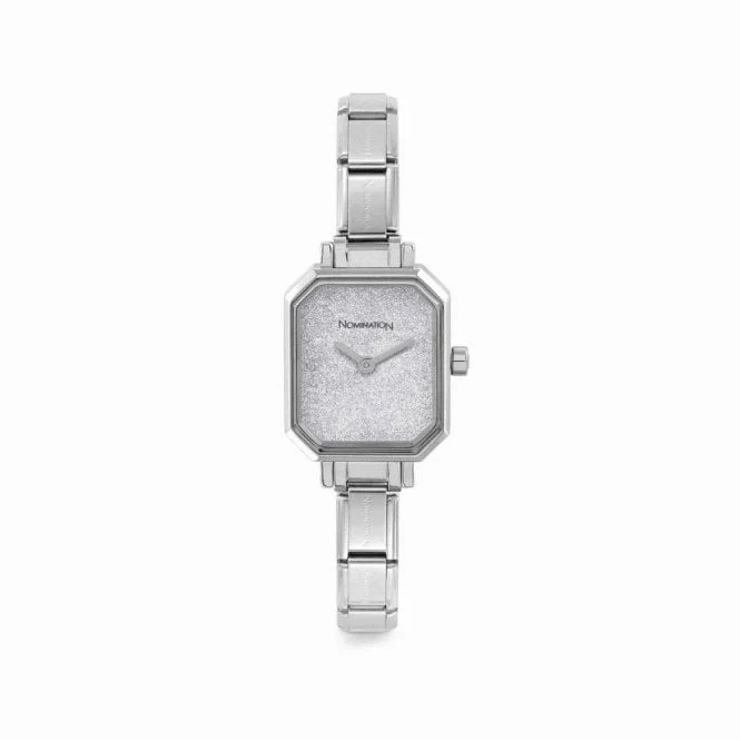 Time Rectangle Silver Glitter Dial & Silver Charm Bracelet Watch - Image 2