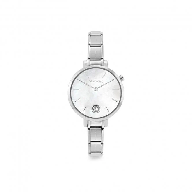 Time Round Mother of Pearl Dial & Silver Charm Bracelet Watch with CZ