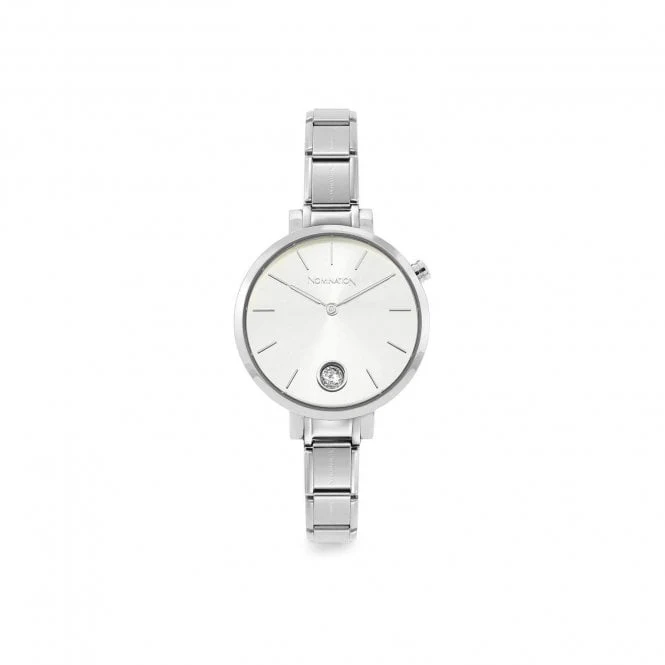 Time Round Silver Dial & Silver Charm Bracelet Watch with CZ