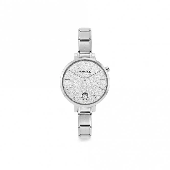Time Round Silver Glitter Dial & Silver Charm Bracelet Watch with CZ