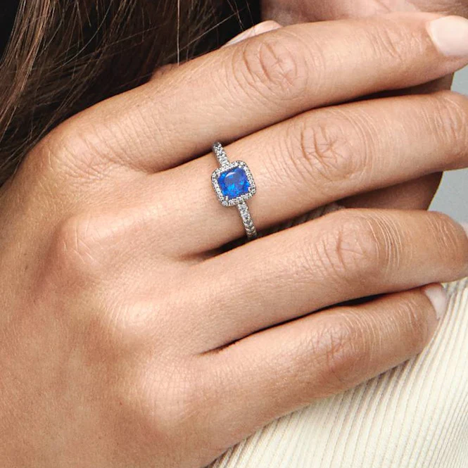 Blue Square Sparkle Halo Ring, Size 48 - Image 4