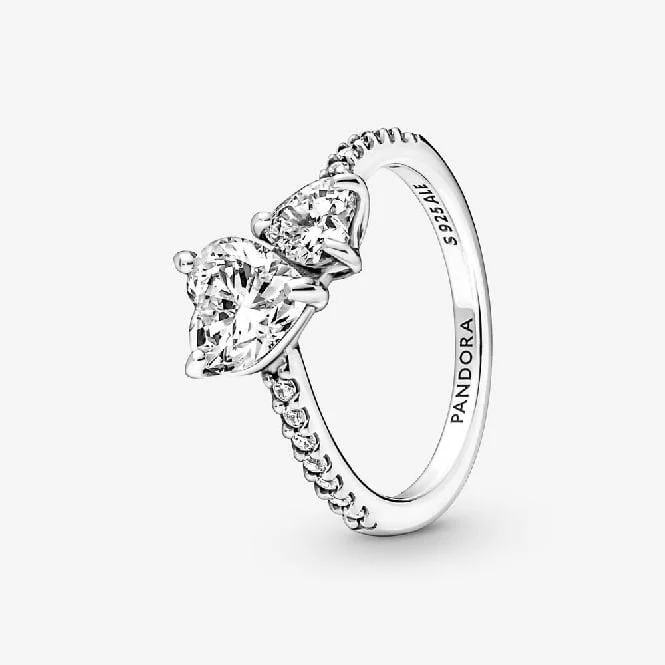 Double Heart Sparkling Ring, Size 52