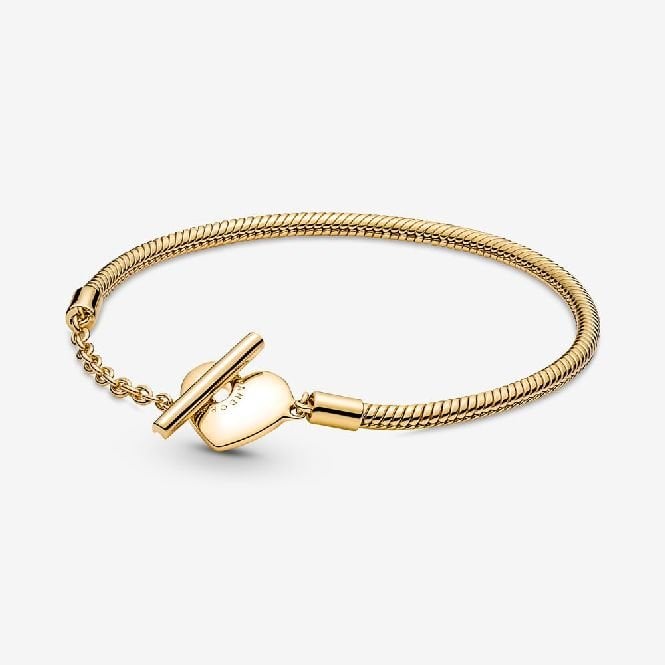 Moments Gold Heart T-Bar Snake Chain Bracelet, 23cm