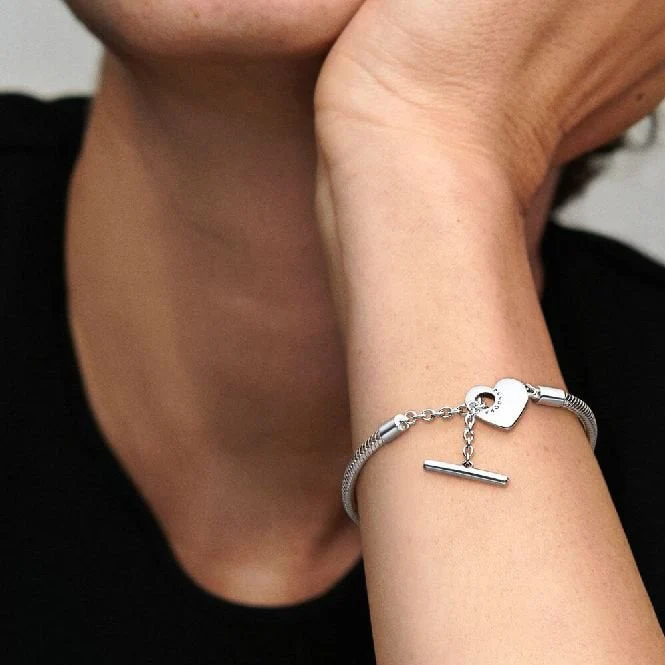 Moments Heart T-Bar Snake Chain Bracelet, 16cm - Image 4