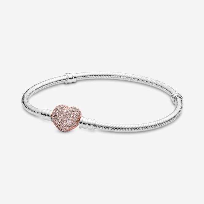 Moments Pave Heart Clasp Snake Chain Bracelet, 20cm
