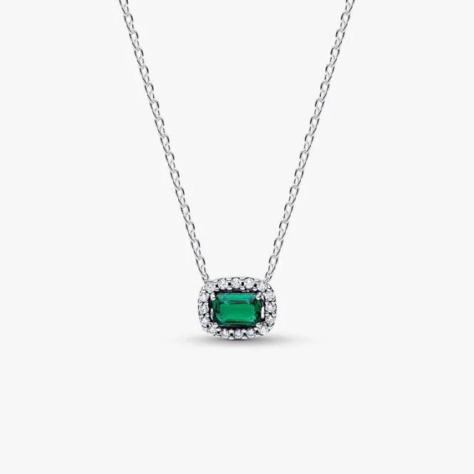Rectangular Sparkling Green Halo Pendant Necklace