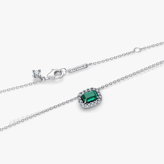 Rectangular Sparkling Green Halo Pendant Necklace - Image 2