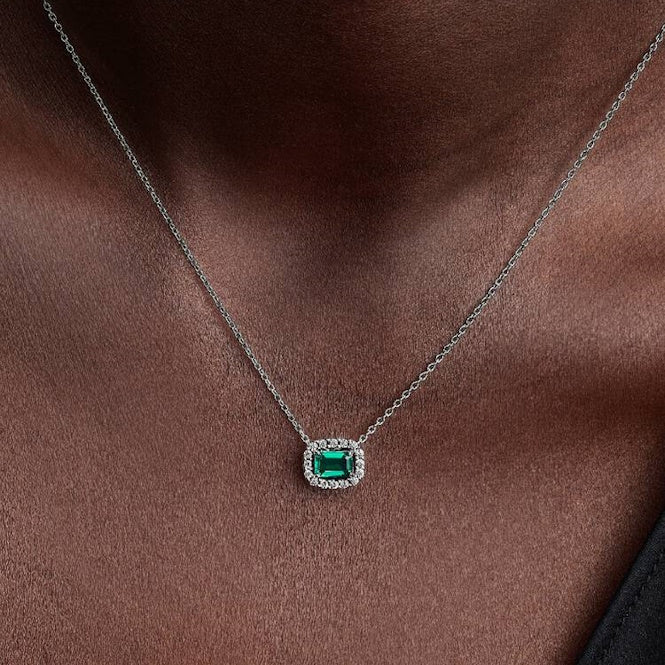 Rectangular Sparkling Green Halo Pendant Necklace - Image 3