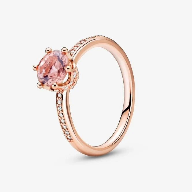 Rose Pink Sparkling Crown Solitaire Ring, Size 54
