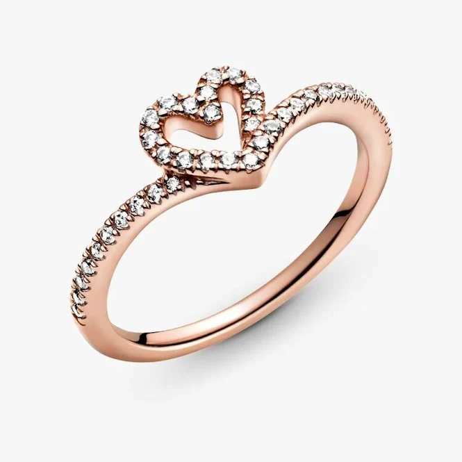 Rose Sparkling Wishbone Heart Ring, Size 50 - Image 4