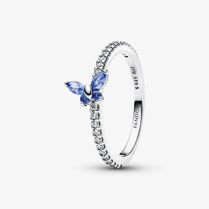Sparkling Cornflower Blue Butterfly Ring, Size 52