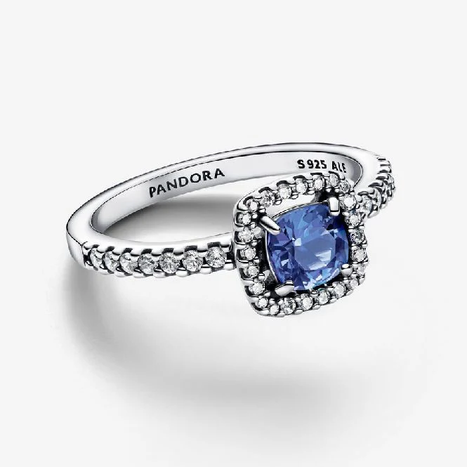 Sparkling Square Blue Halo Ring, Size 48 - Image 2