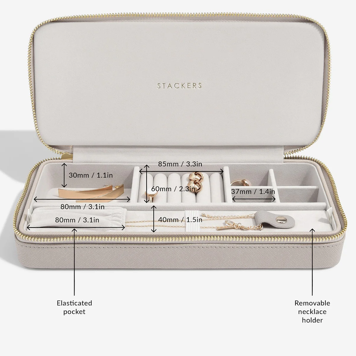 Sleek Taupe Necklace Zipped Travel Jewellery Box - Image 3