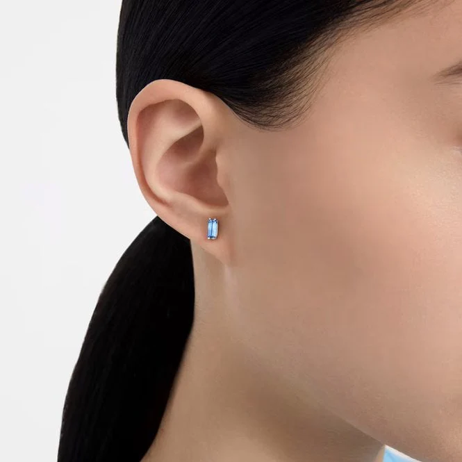 Chroma Stud Earrings with Baguette-Cut Blue Crystal in Rhodium Silver - Image 2