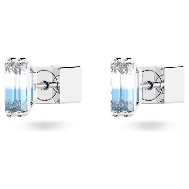 Chroma Stud Earrings with Baguette-Cut Blue Crystal in Rhodium Silver - Image 3
