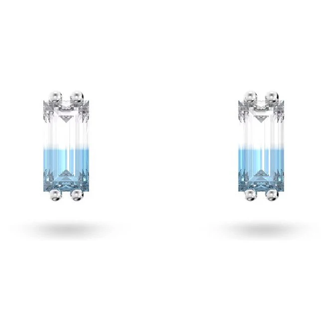 Chroma Stud Earrings with Baguette-Cut Blue Crystal in Rhodium Silver - Image 4